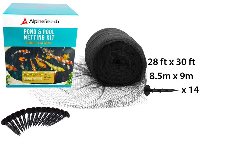 AlpineReach Koi Pond Netting Kit 28 x 30 ft Black Heavy Duty Woven Fine Mesh Net Cover for Leaves - Protects Koi Fish from Blue Heron Birds, Cats & Predators â€“ Reusable & Stakes Included - Image 2